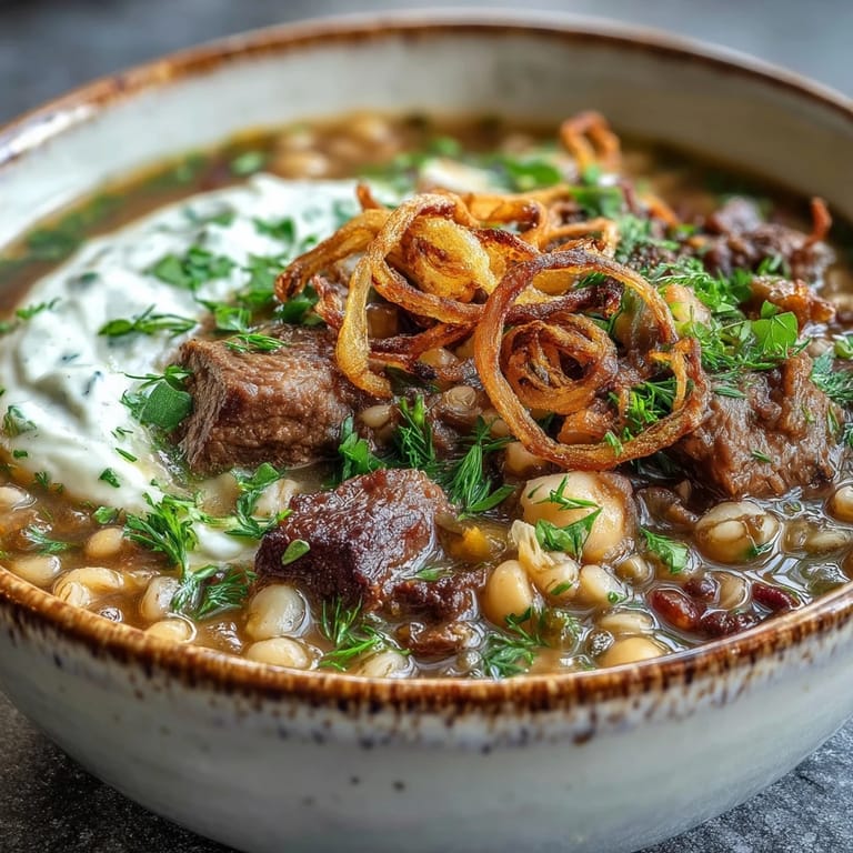 Close-up of hearty Beef Barley Soup featuring tender beef, lentils, and fresh herbs in a rich broth.
