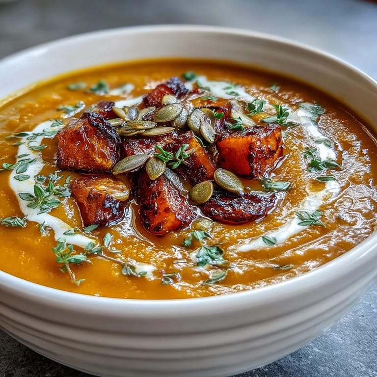 Roasted butternut squash soup blended smooth in a pot with caramelized vegetables and spices.