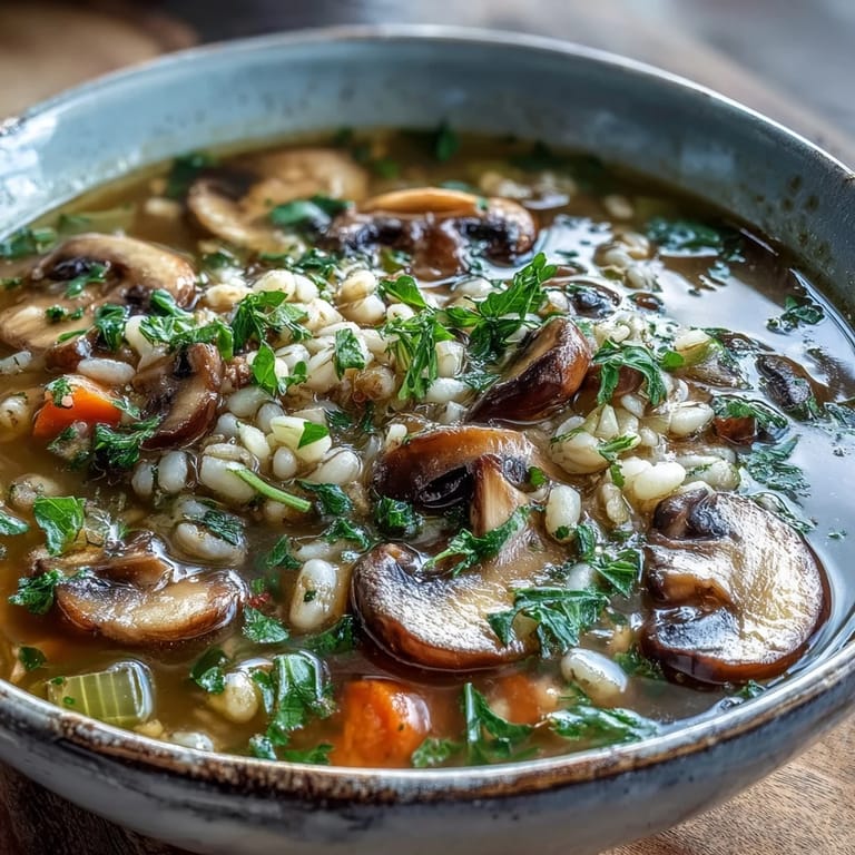 Savory Mushroom Barley Soup ladled into a white bowl, ready to be served hot.