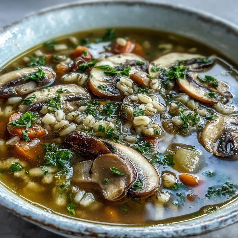 Bowl of Mushroom Barley Soup with shiitake mushrooms and barley, next to rye bread.
