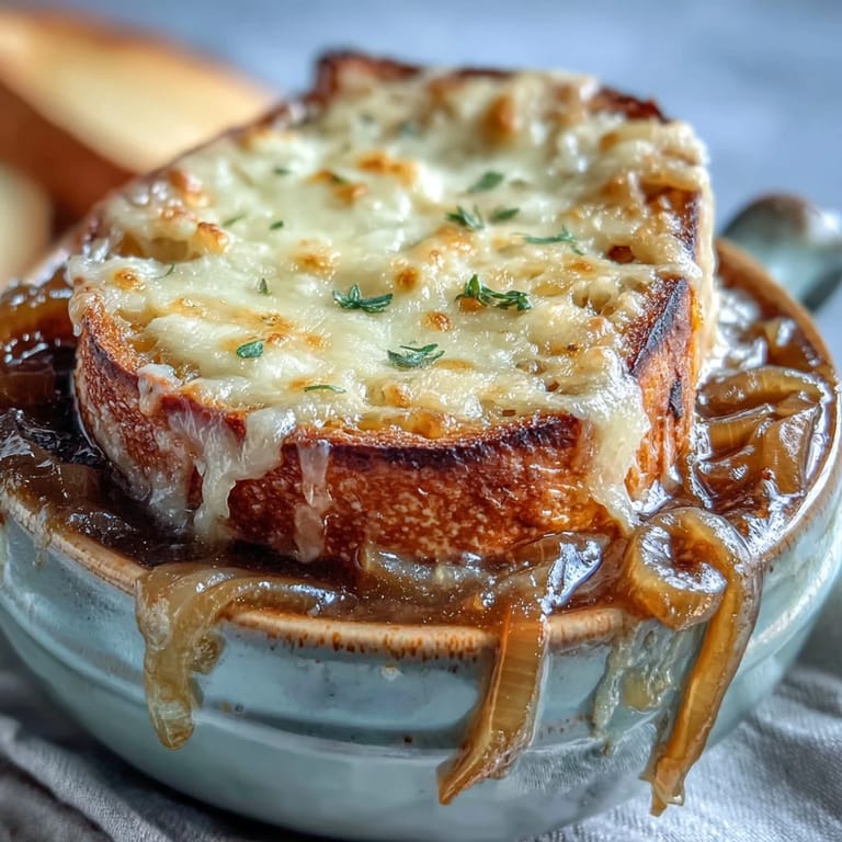 Golden, bubbly Classic French Onion Soup topped with a toasted baguette slice and fresh thyme.