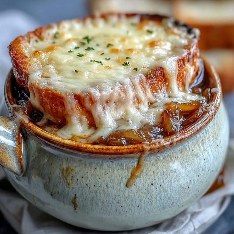 A close-up of Classic French Onion Soup, highlighting rich caramelized onions and gooey cheese.