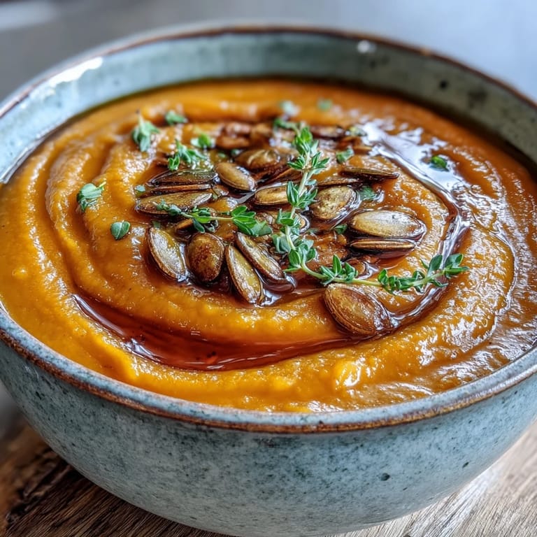Creamy Butternut Squash Soup garnished with toasted pumpkin seeds and fresh thyme in a rustic bowl.