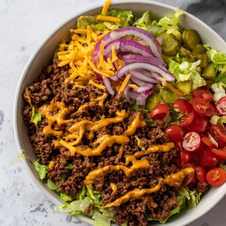Overhead view of a gluten-free Easy Big Mac in a Bowl with chopped romaine, cherry tomatoes, red onion, and diced pickles on a white marble counter.