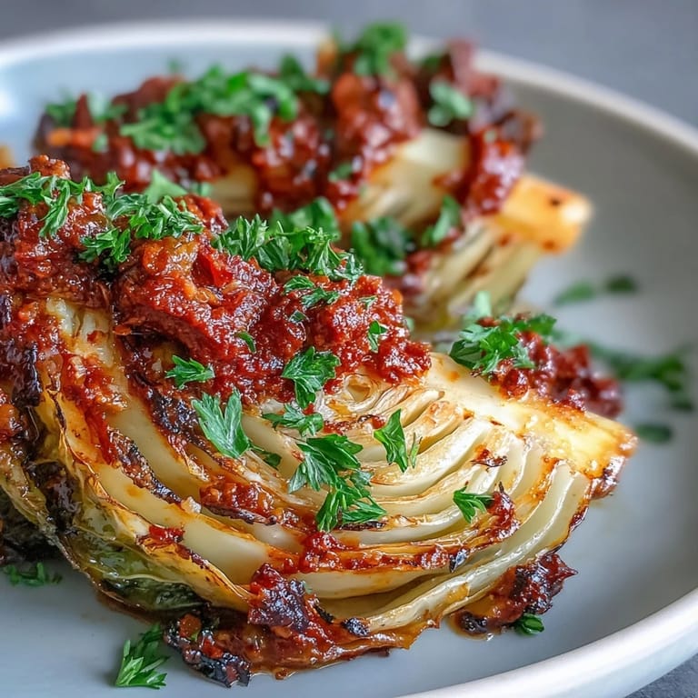 Tender roasted cabbage wedges arranged with walnut garnish and lemon wedges, served warm with bold winter romesco sauce for Spanish-inspired meals.