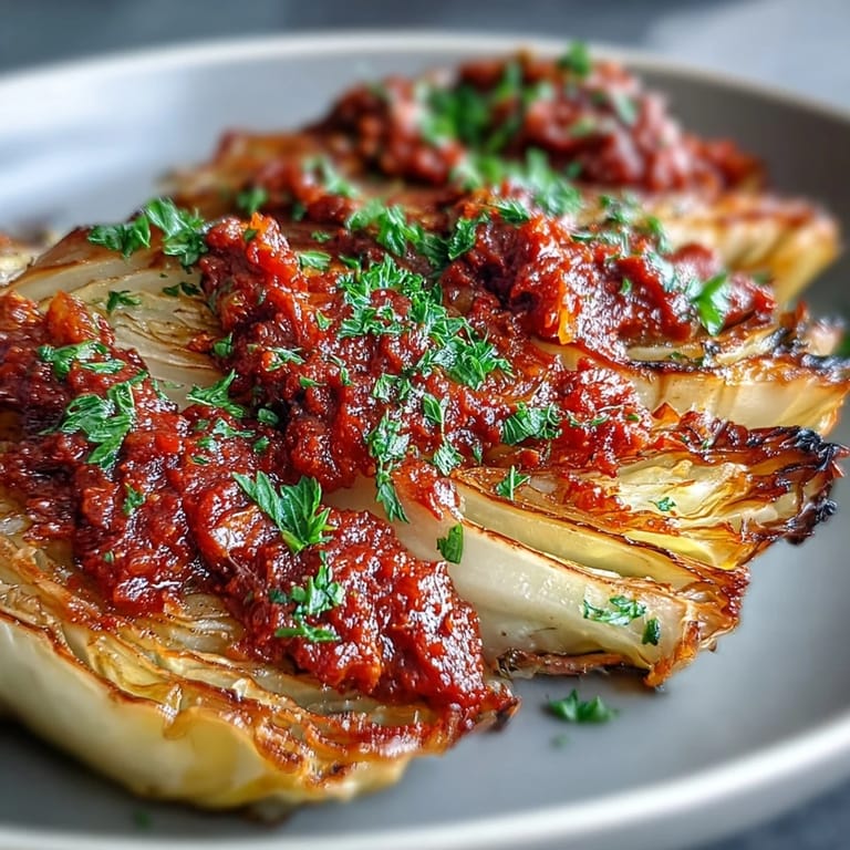 A close-up of caramelized cabbage wedges drizzled with nutty romesco sauce and lemon wedges on a rustic platter for a gluten-free side.
