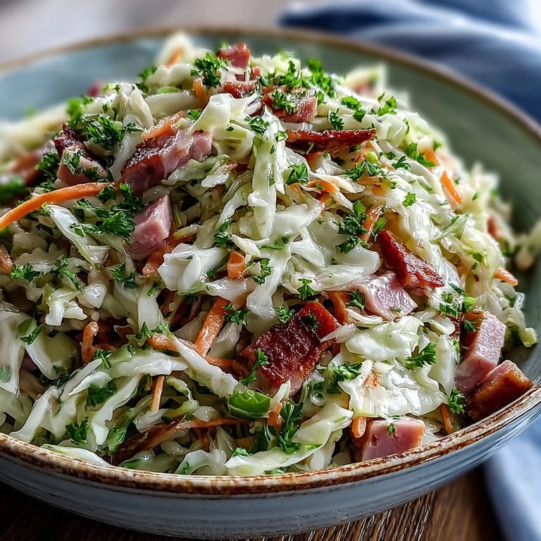 Close-up of crisp shredded cabbage, carrots, and smoked ham coated in a tangy vinaigrette with visible caraway seeds.