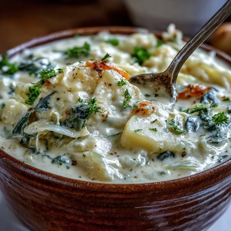 A close-up of Creamy Potato Soup with Cabbage, showcasing velvety broth, tender potatoes, and finely shredded green cabbage.