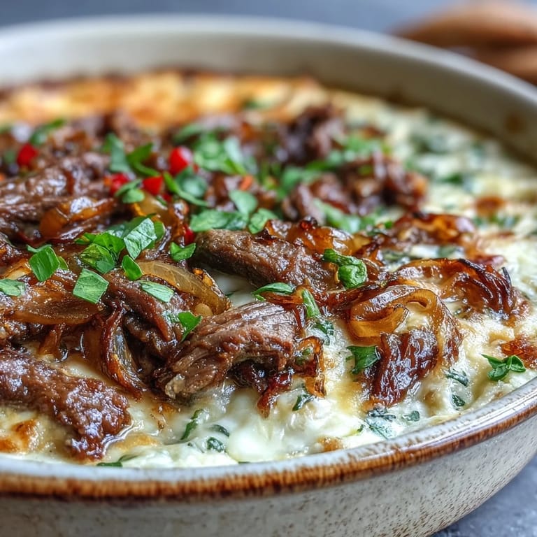 A creamy, savory Philly Cheesesteak Dip baked until bubbly, served alongside sturdy tortilla chips for game day.