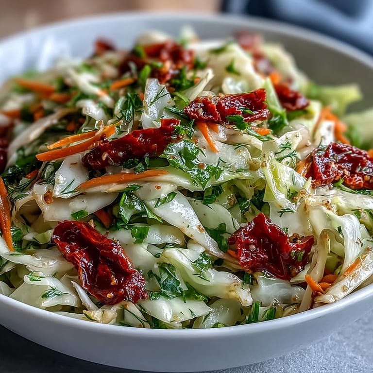 Freshly tossed Cabbage Salad With Sundried Tomatoes, drizzled with vinaigrette and herbs.