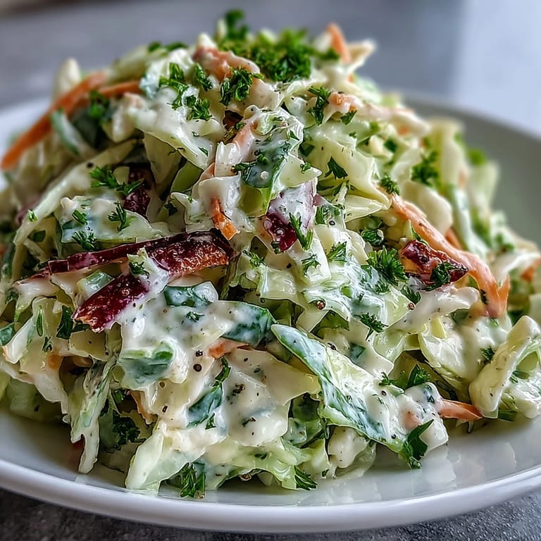 Chilled Coleslaw with Creamy Dressing features shredded purple and green cabbage, carrots, and a tangy mayo-based sauce.