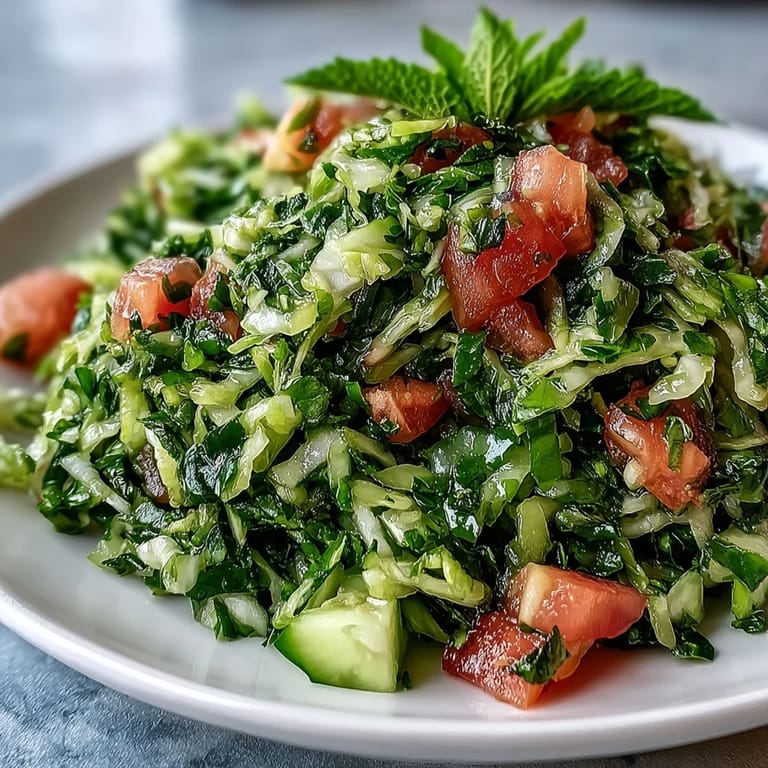 Bright bowl of Lebanese Cabbage Salad garnished with fresh parsley and mint, ready to serve as a refreshing vegan side dish.