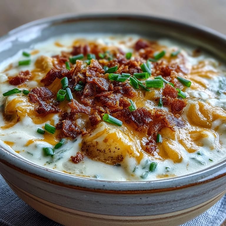 Velvety Loaded Potato Soup in a rustic bowl, garnished with crispy bacon bits and melted cheddar cheese.
