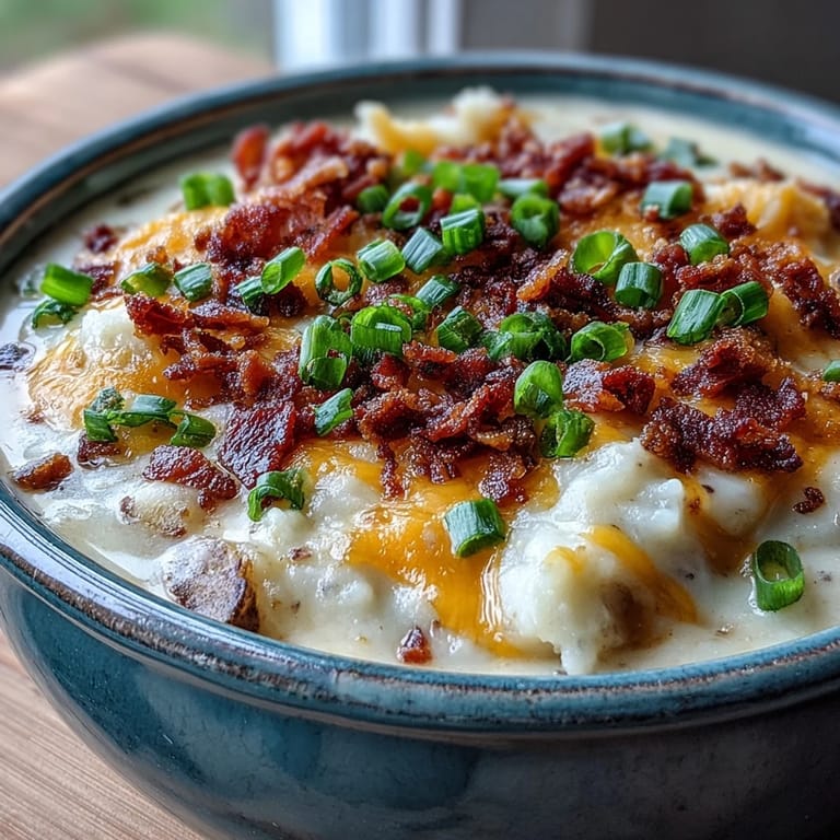 Close-up of creamy Loaded Potato Soup with diced potatoes, bacon, and green onions, ready to serve.