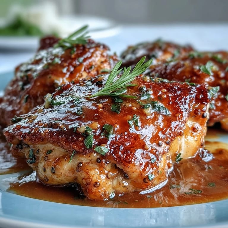 Tender Slow Cooker Honey Mustard Chicken resting in a glossy, sweet and tangy sauce beside creamy mashed potatoes.