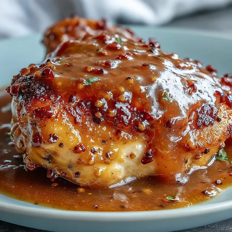 Golden brown Slow Cooker Honey Mustard Chicken breasts with visible garlic and herbs, drizzled with extra pan sauce.