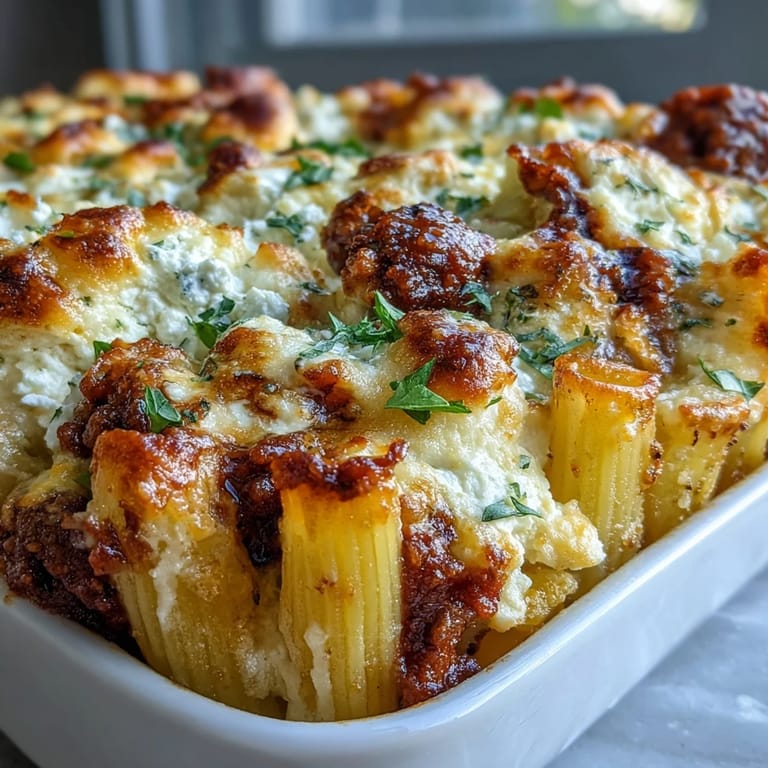 Tender penne pasta and savory ground beef simmer in a rich tomato sauce, layered with creamy cottage cheese in this hearty bake.