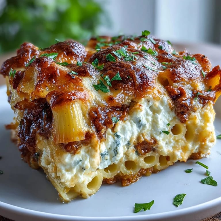 A close-up of a serving showing the Cottage Cheese Protein Pasta Bake with Ground Beef, revealing the steamy, cheesy interior.