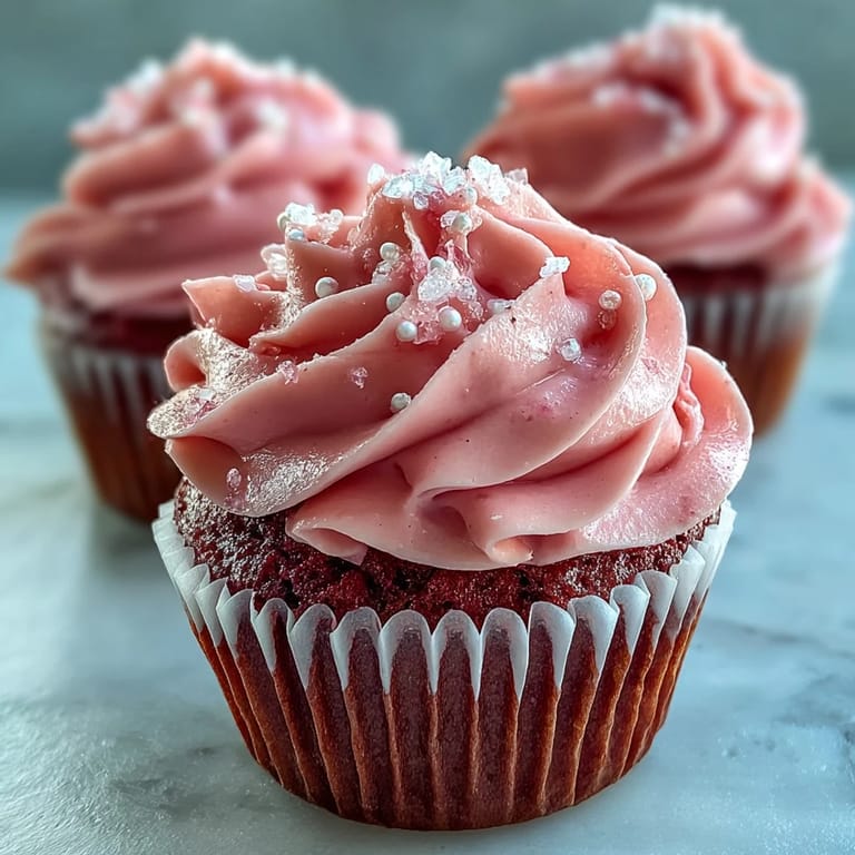 Warm Pink Velvet Cupcakes with swirls of vanilla buttercream frosting, presented on a decorative ceramic plate.