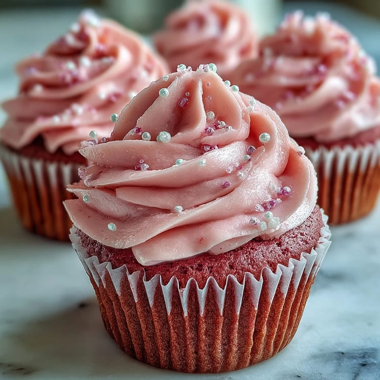 A single Pink Velvet Cupcake with moist crumb, creamy vanilla buttercream, and a delicate pink hue.