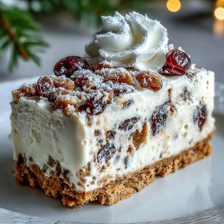This Christmas Cheesecake Slab showcases a crunchy biscuit crust and spiced dried fruit filling.