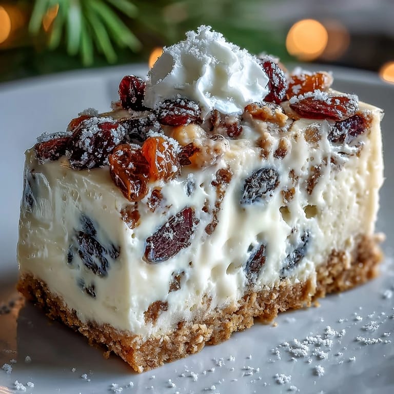 A close-up of creamy Christmas Cheesecake Slab garnished with piped cream, ideal for festive gatherings.