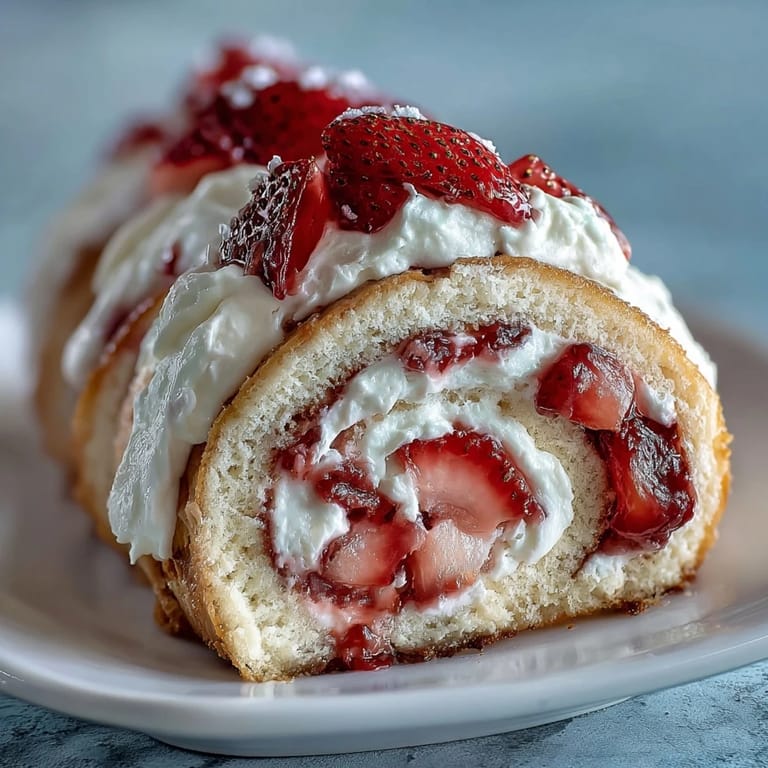 Thin crepes wrap layers of sponge cake and juicy berries for a whimsical Strawberry Shortcake Sushi Roll dessert.