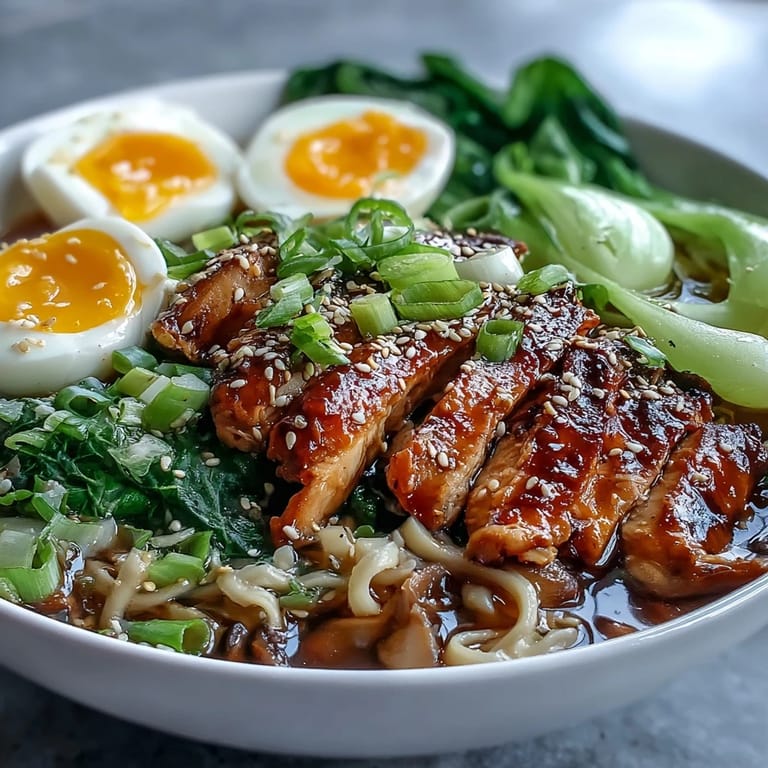 A close-up of Healthy Miso Chicken Noodle Bowls reveals soft-boiled egg halves, sliced chicken, and crisp bok choy in a savory broth.