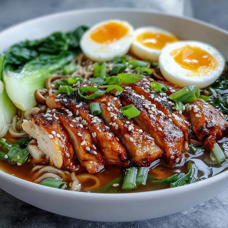 Healthy Miso Chicken Noodle Bowls topped with sesame seeds and scallions, served in a ceramic bowl with chopsticks nearby.
