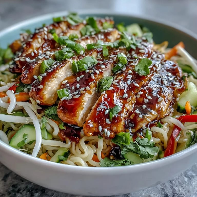 Overhead view of Asian Chicken Noodle Bowl with colorful bell peppers and spring onions, ready to serve alongside a chilled glass of white wine.