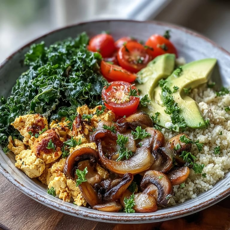 A hearty bowl of savory scrambled tofu breakfast bowl topped with garlic mushrooms and bright green wilted kale, perfect for a vegan start.
