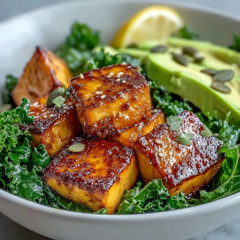 A hearty Tofu Breakfast Bowl with Avocado and Kale features golden tofu, wilted greens, and creamy avocado, perfect for a quick vegan meal.