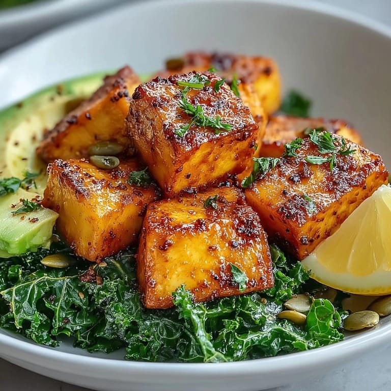 Sliced avocado and bright green kale complement crispy turmeric tofu in this protein-packed breakfast bowl, served with lemon wedges for squeezing.