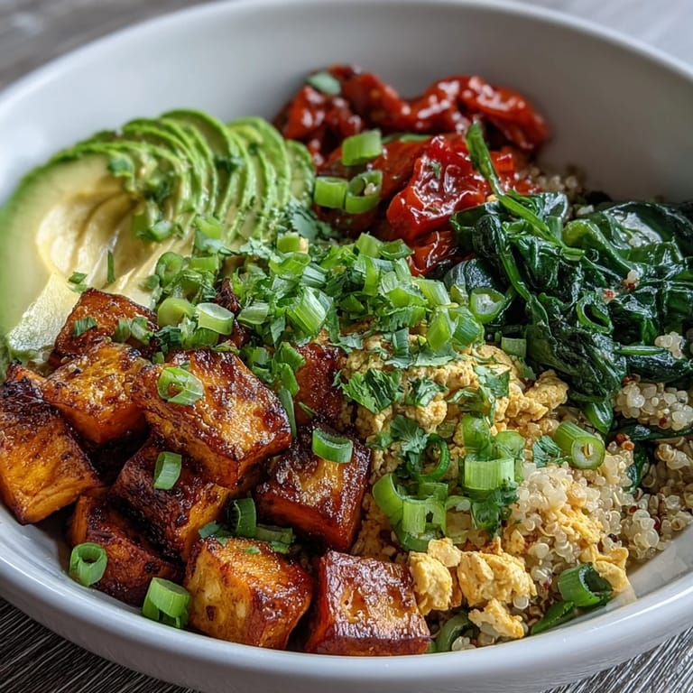 Hearty Tofu Scramble Vegan Breakfast Bowl with sautéed spinach, green onion garnish, and colorful roasted sweet potato cubes on a white plate.