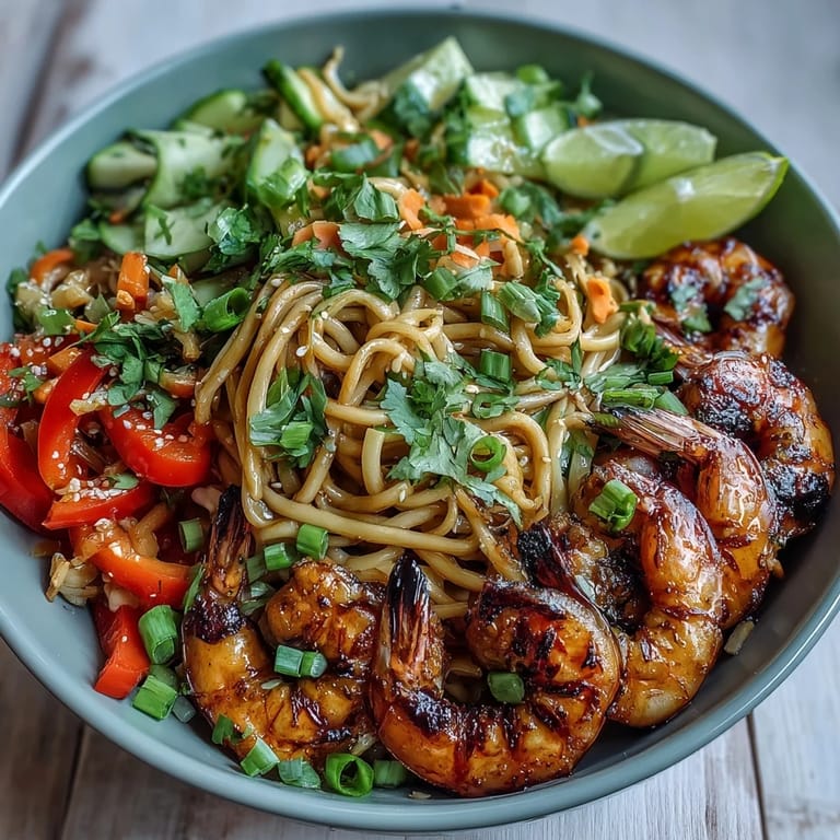 A close-up of the 15-minute Asian noodle bowl with succulent grilled shrimp, fresh cilantro, and lime wedges for squeezing.  