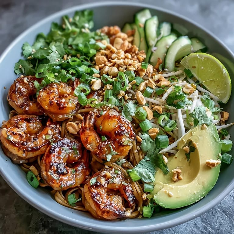 Hot grilled shrimp garnish a refreshing Asian noodle bowl filled with crisp cucumber, scallions, and cilantro, ready to squeeze with fresh lime.