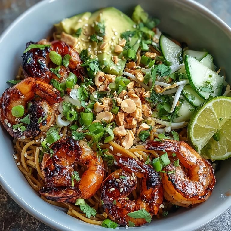 Plated Grilled Shrimp Asian Noodle Bowl features tender shrimp, sliced avocado, and toasted peanuts over chilled noodles for a satisfying dinner.