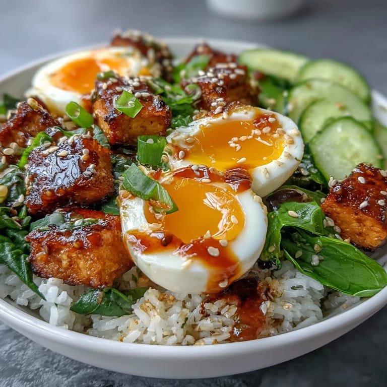 Close-up of the Tofu Jammy Egg Breakfast Bowl showing halved jammy eggs, sautéed tofu, baby spinach, and toasted sesame garnish.