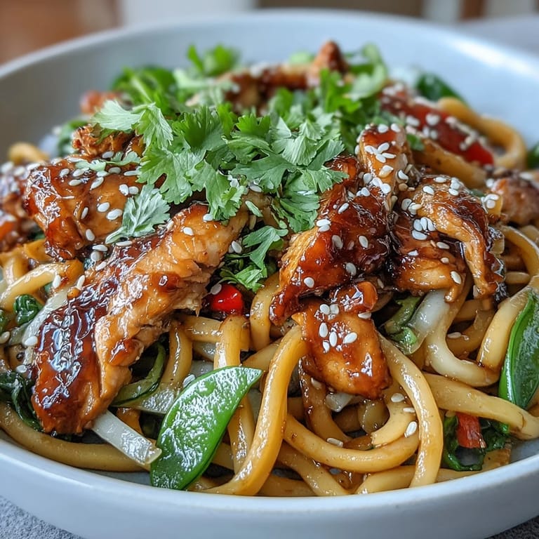 A close-up of a steaming Sesame Chicken Noodle Bowl, garnished with toasted sesame seeds and green onions in a rustic bowl.