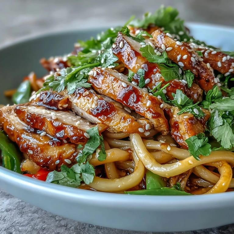 Colorful plate of Sesame Chicken Noodle Bowl featuring julienned carrots, snap peas, and red bell pepper, ready for a quick weeknight dinner.