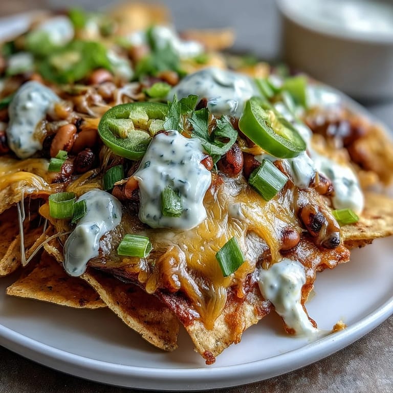 Warm Black-Eyed Pea Nachos are piled high with diced tomatoes, green onions, and bright lime wedges.