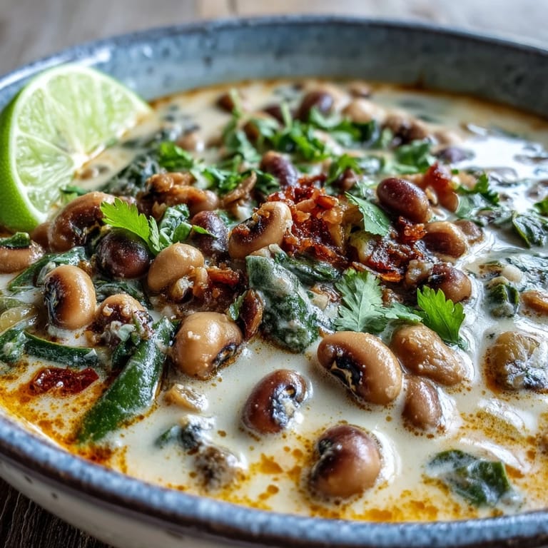 Hearty bowl of Black-Eyed Pea Curry featuring tender peas in a golden, aromatic sauce with a wedge of lime nearby.