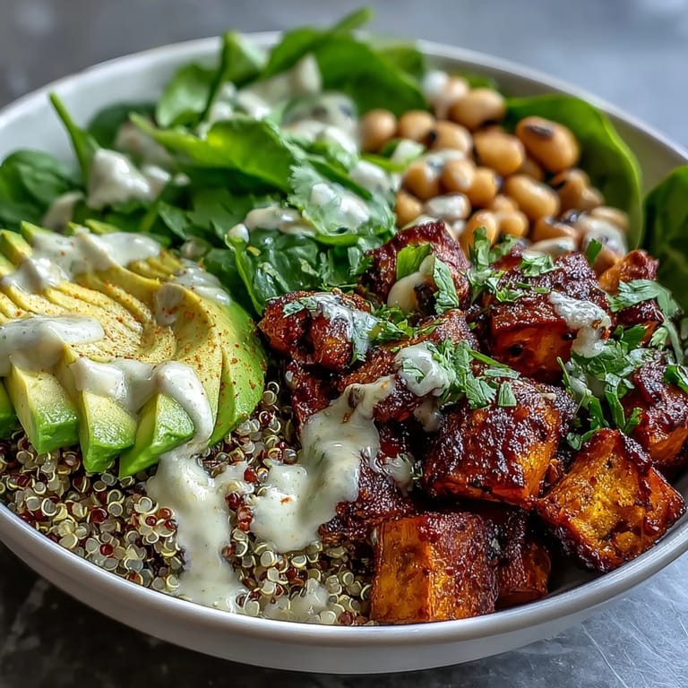 Golden roasted vegetables and seasoned black-eyed peas rest on fluffy quinoa in a nourishing Black-Eyed Pea Buddha Bowl.