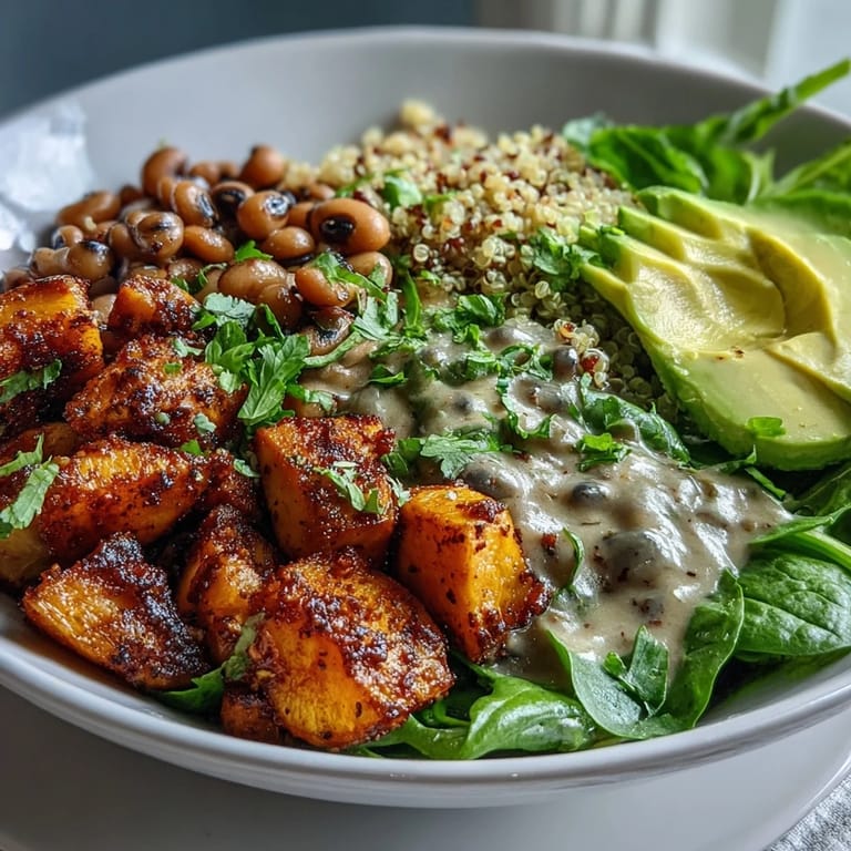 Fresh spinach, sliced avocado, and herbs top this colorful Black-Eyed Pea Buddha Bowl, drizzled with lemony tahini sauce.