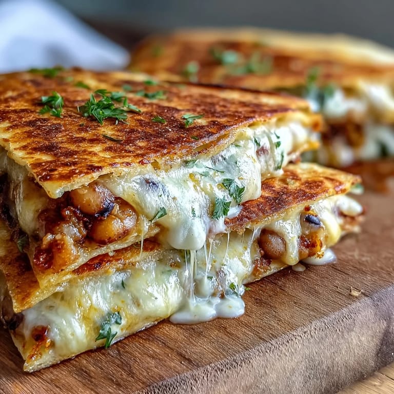 Mashed black-eyed peas and gooey melted cheese filling inside a crisped flour tortilla in a skillet.