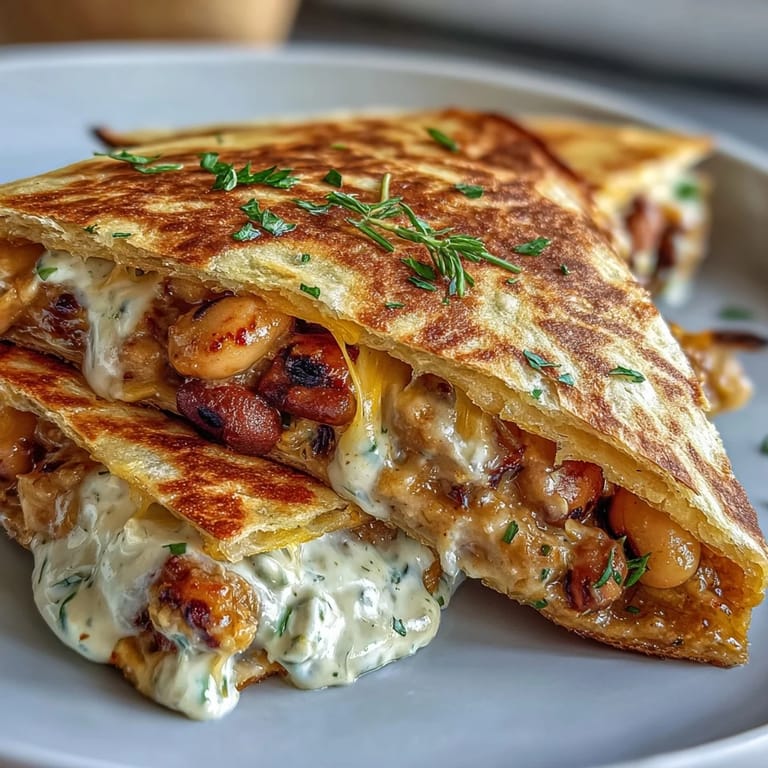 Fresh cilantro and lime wedges garnish this vegetarian Black-Eyed Pea Quesadilla for a Tex-Mex meal.