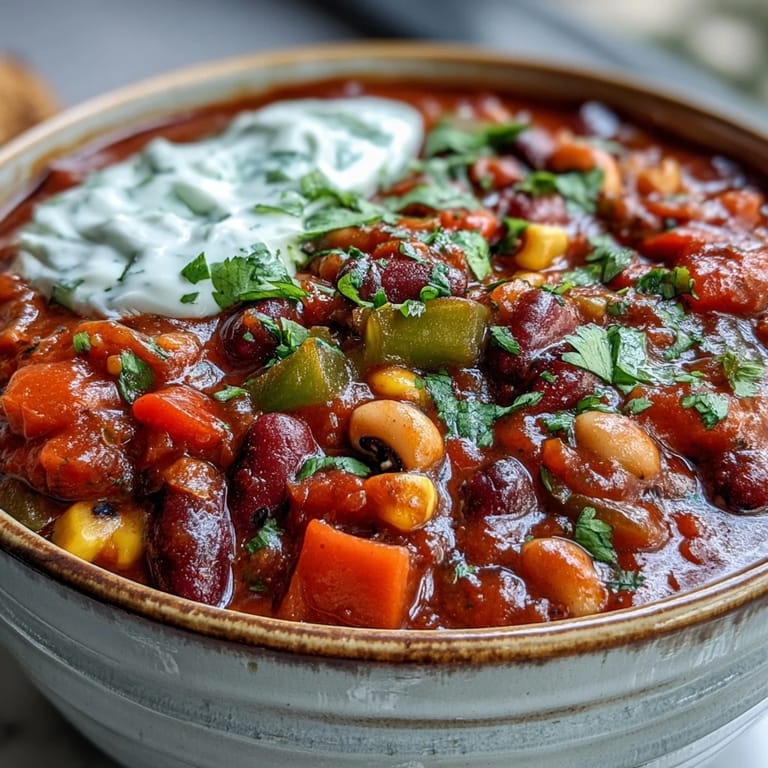 Close-up of thick Black-Eyed Pea Chili in a rustic bowl, garnished with jalapeños, cheese, and fresh cilantro.