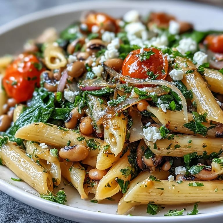 A savory serving of Black-Eyed Pea Pasta topped with crumbled feta and fresh herbs.