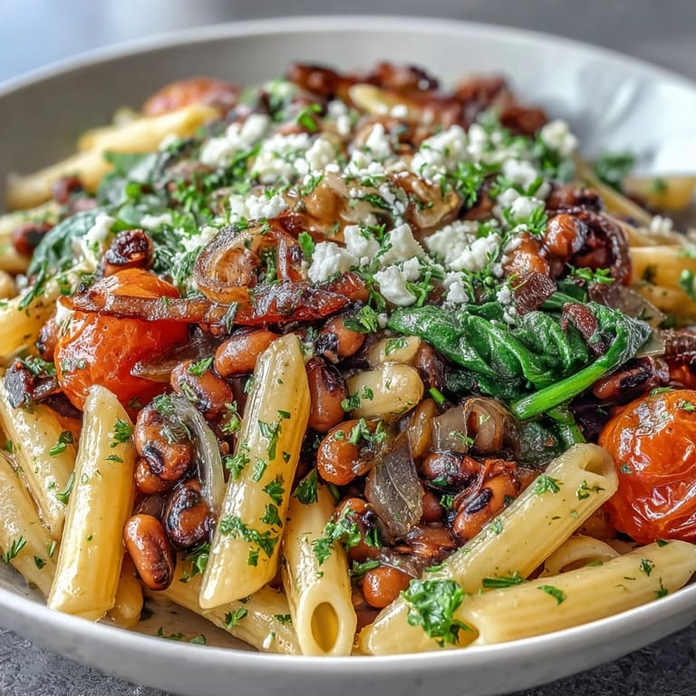 Garlic-infused Black-Eyed Pea Pasta with penne and tender legumes ready to be served.