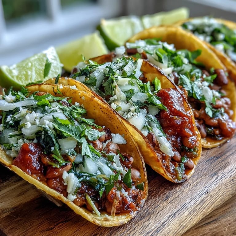 Fresh lime wedges, cilantro, and diced onion garnish plated Black-Eyed Pea Tacos.